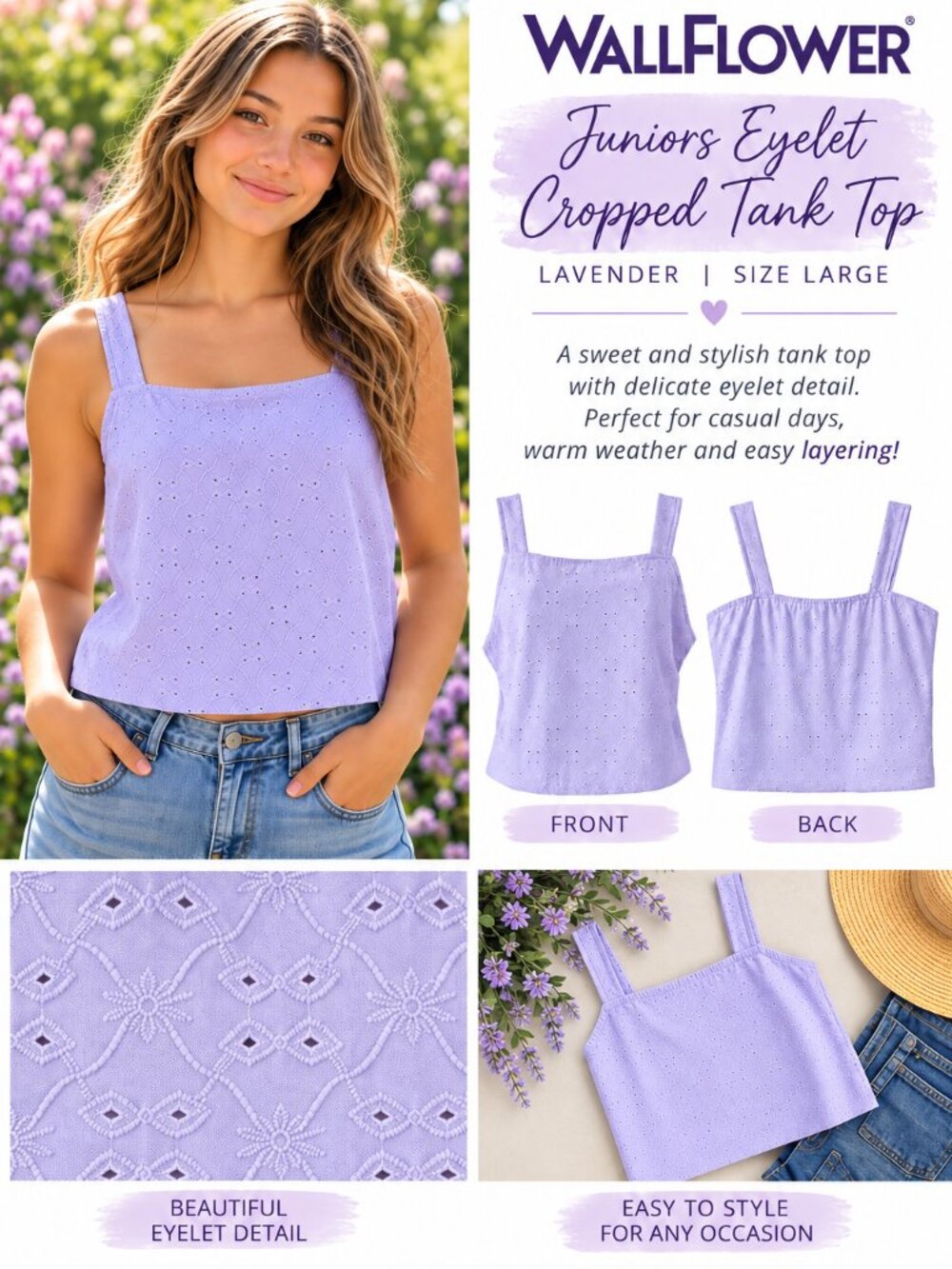 Wallflower Juniors Eyelet Cropped Tank Top Lavender Size Large Casual Summer